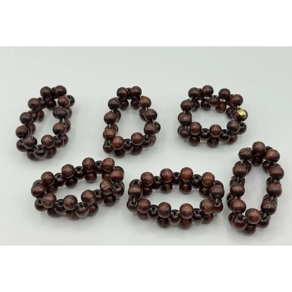 Set Of 6 Vintage MCM Napkin Rings / Holders Brown Wooden Beads